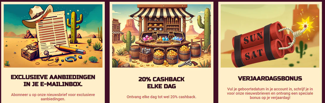 Wild Wild Casino promoties met exclusieve aanbiedingen via de nieuwsbrief, 20% dagelijkse cashback en een speciale verjaardagsbonus